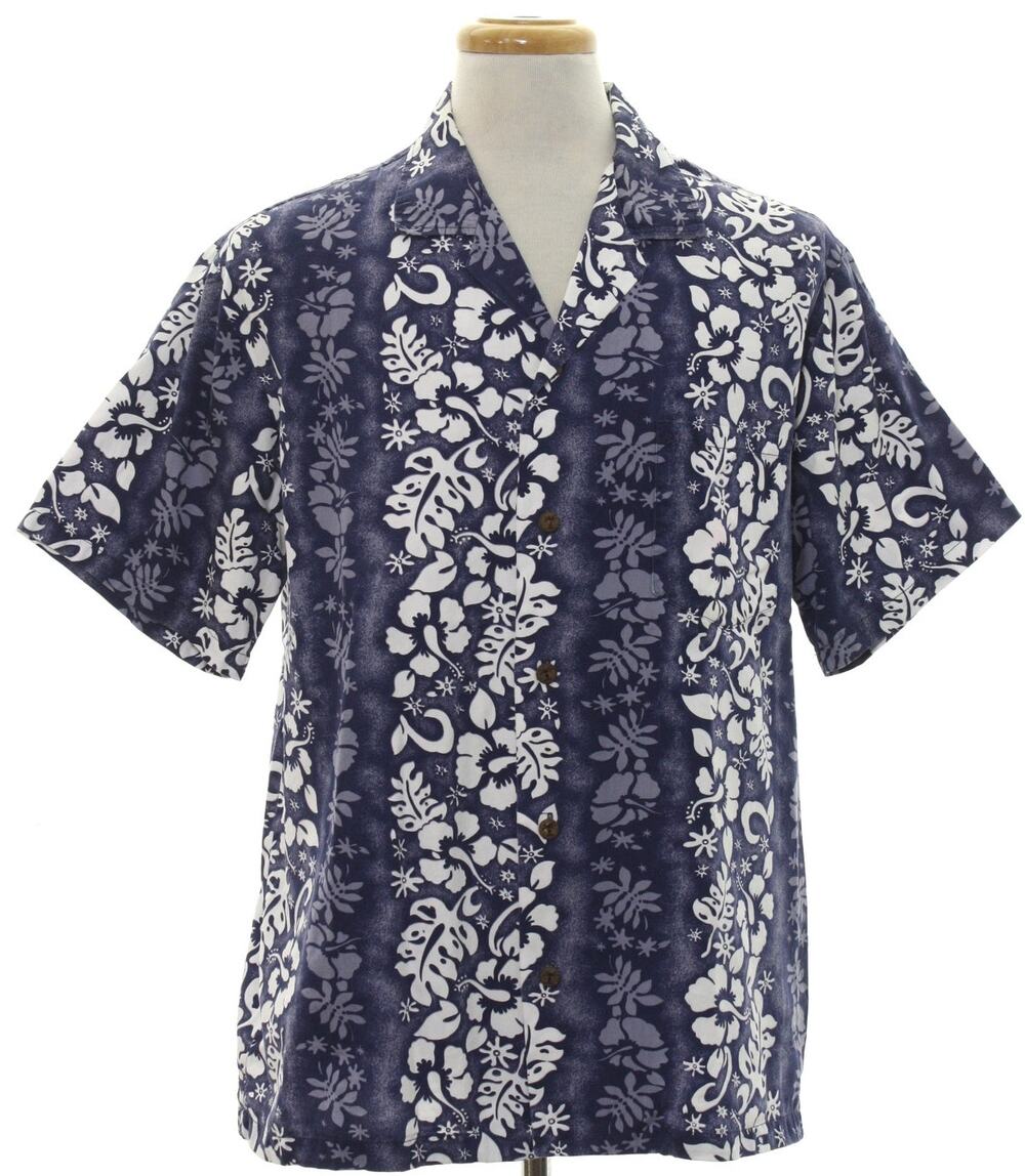 Vintage 80s Men’s Large Navy White Floral Hawaiian Aloha Shirt 44 Chest